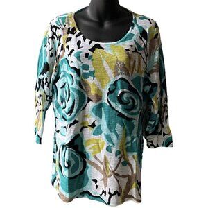 NWT Linen Blend Cheryl Nash 3/4 Sleeves Floral Pullover Top Women’s XL COASTAL